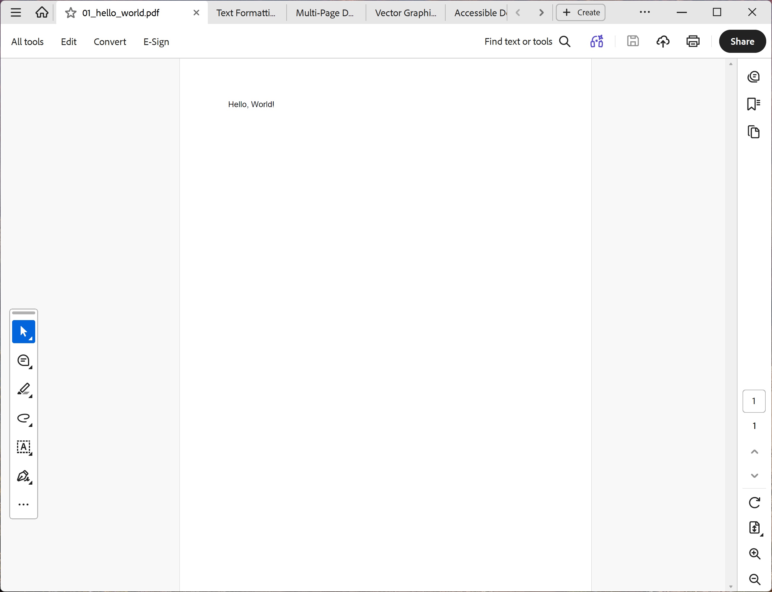 Screenshot of the Hello World PDF document showing a clean white page with 'Hello, World!' text positioned at the top-left with 1-inch margins