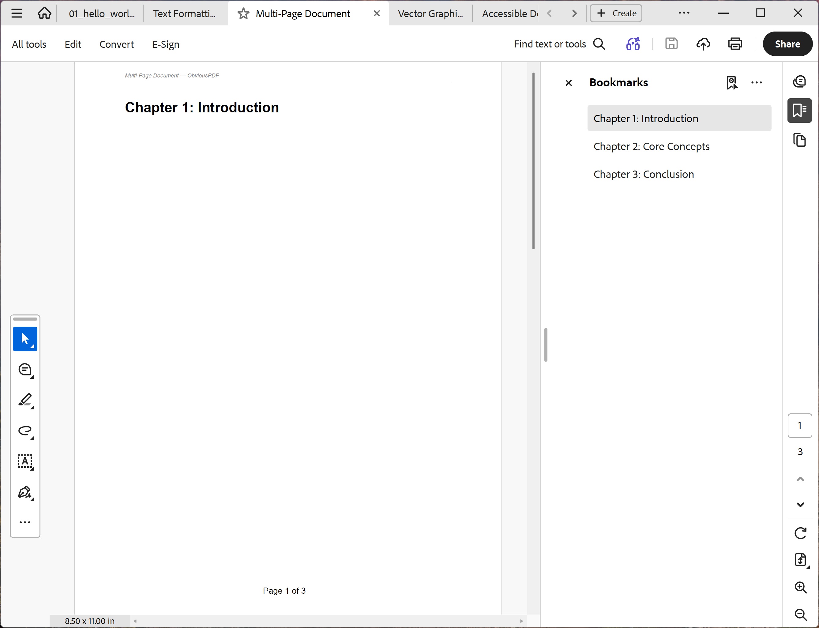 Screenshot of the Multi-Page Document PDF showing three pages side by side, each with a gray header line at the top, a bold chapter heading, body text, and a centered page number at the bottom