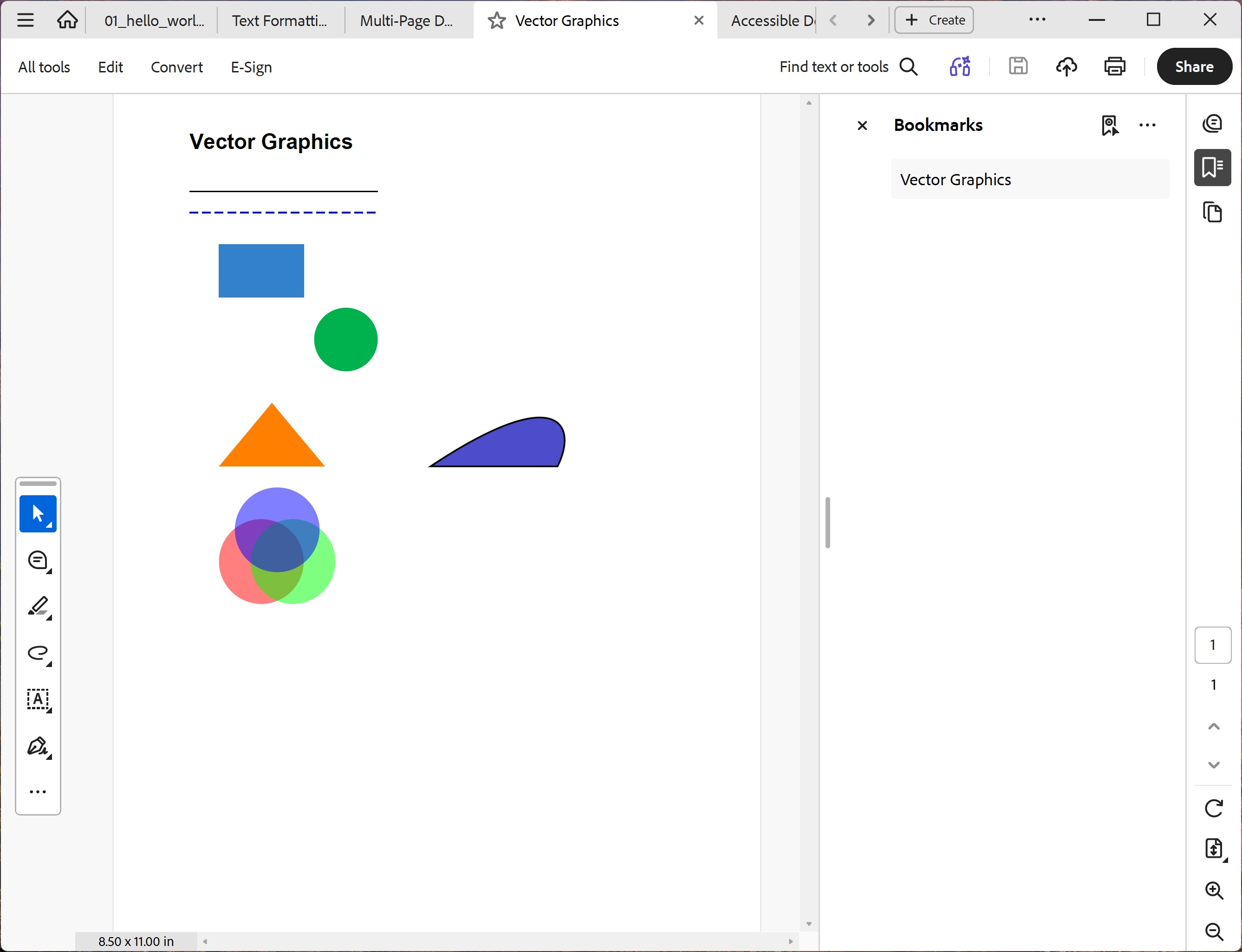 Screenshot of the Vector Graphics PDF showing styled lines with dashes, filled and stroked rectangles in blue, green circles, an orange triangle polygon, a blue Bézier curve shape, and three overlapping semi-transparent circles demonstrating RGB alpha blending