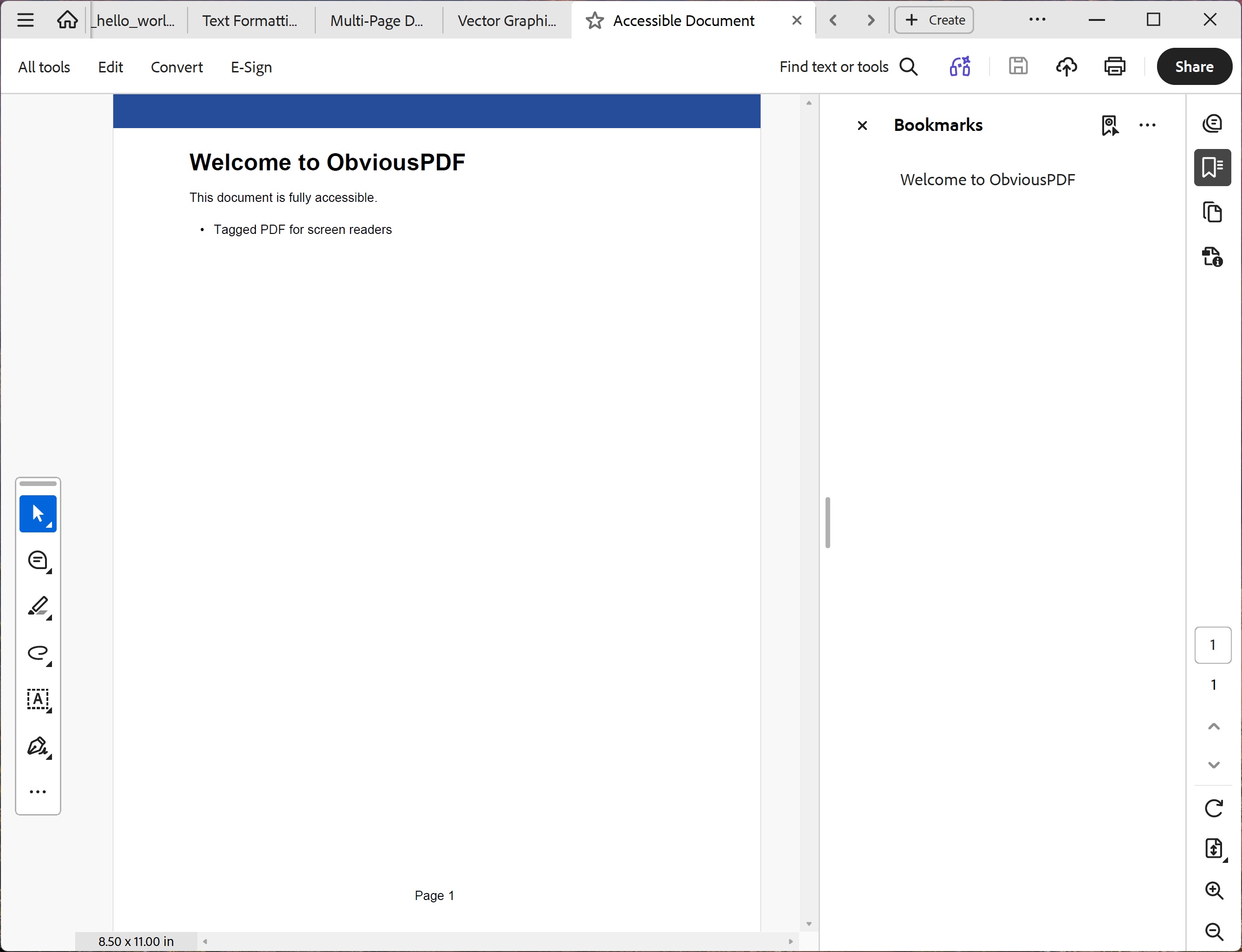 Screenshot of the Accessible Document PDF showing a blue header bar, tagged heading 'Welcome to ObviousPDF', introduction paragraph, and a bulleted list of key features — all fully tagged for screen reader access