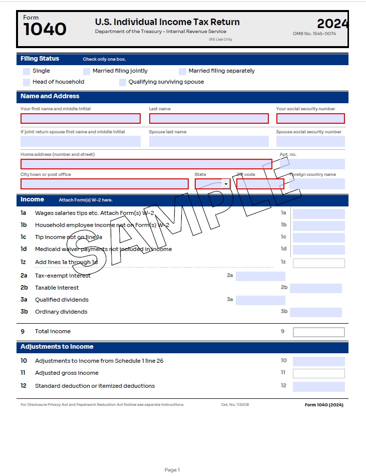 Rendered Form 1040 PDF showing Page 1 with Filing Status, Name and Address, Income, and Adjustments to Income sections — rendered from CSV with easy accessibility